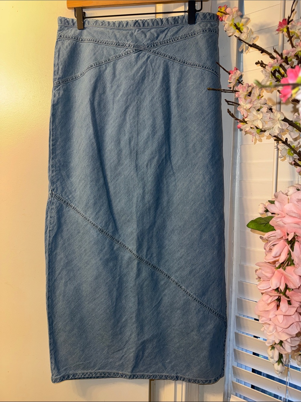 Free People Light Blue Denim Midi Skirt with Diagonal Panel Detail